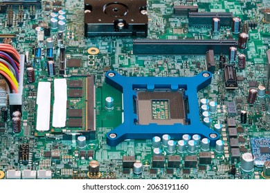 Electronic Circuit Board Chips Processor. Green PCB Component.