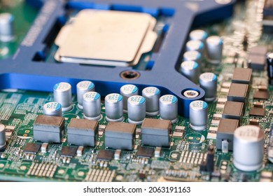 Electronic circuit board chips processor. Green PCB Component.