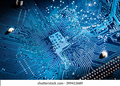 Electronic Circuit Board Close Up. Blue PCB