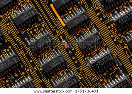 Electronic circuit board close up.Memory chip.flat lay