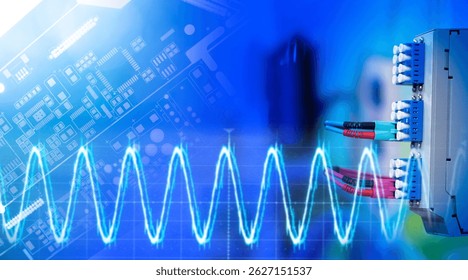 Electronic circuit board, data cables, and digital waveform overlay, symbolizing high-tech communications, data transmission, and fiber optic technology. – Technology. Telecommunications.