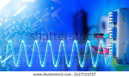Electronic circuit board, data cables, and digital waveform overlay, symbolizing high-tech communications, data transmission, and fiber optic technology. – Technology. Telecommunications.