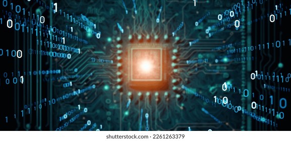 Electronic circuit board and digital technology concept. Wide angle visual for banners or advertisements.