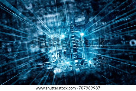 Electronic circuit board futuristic server code processing and abstract computer hardware technology mainboard, technology concept