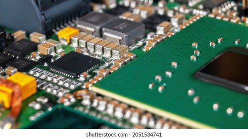 Electronic Circuit Board With Passive And Active Circuit Components And IC Close-up