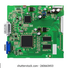 Electronic circuit board with processor, close up. Isolated on white.
