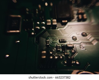 Electronic circuit board with processor, close up.