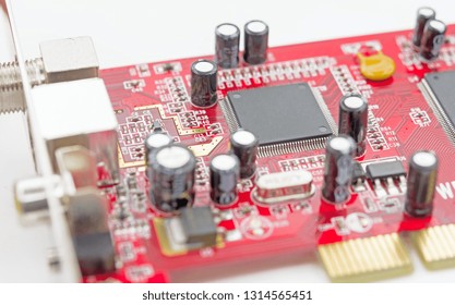 electronic circuit board with processor on white background