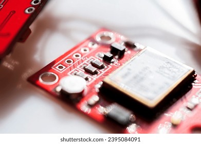 Electronic circuit board technology background. Electronic plate pattern. Circuit board, electrical scheme. Technology background. Electronic microcircuit with microchips and capacitors taken.