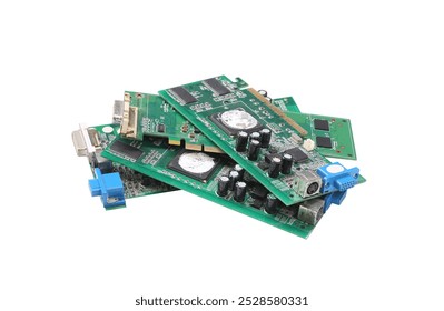 Electronic Circuit Boards Stack isolated on white background and have clipping paths.showcasing various components that highlight the intricacies of technology and modern electronics.