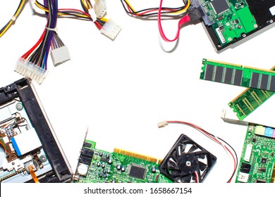 Electronic Circuit, Hard Disk And Computer Parts On A White Isolated Background, Top View