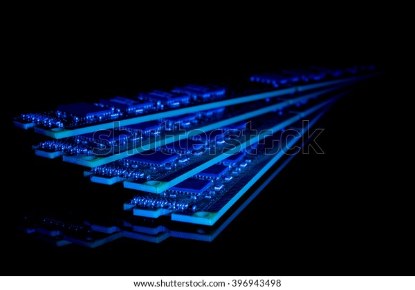 Electronic collection -\
computer random access memory (RAM) modules on the black background\
toned blue