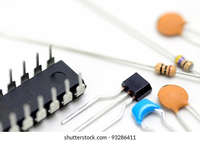 Electronic Components. Capacitors and Resistors and Transistors and IC.