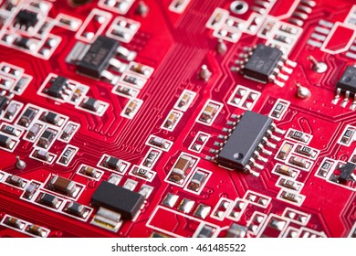 Electronic components, computer card close-up, digital technology, electric charge, processor on the circuit board, elements of the personal computer
