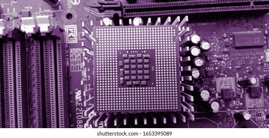 Electronic Components Of A Computer Motherboard Top View.