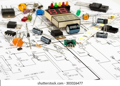 Electronic components, electronic diagram,  transistors, integrated circuits, capacitors, resistors, LED