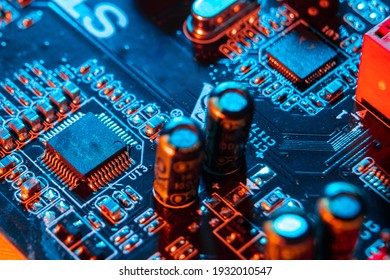 Electronic components on a printed circuit board. Resistor, inductor and capacitor on PCB. Concept Electrical engineering, microprocessor, technology. Selective focus