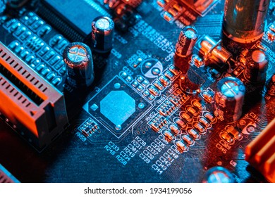 Electronic components on a printed circuit board. Resistor, inductor and capacitor on PCB. Concept Electrical engineering, microprocessor, technology. Selective focus