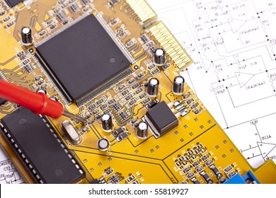 Electronic components on a schematic diagram background.