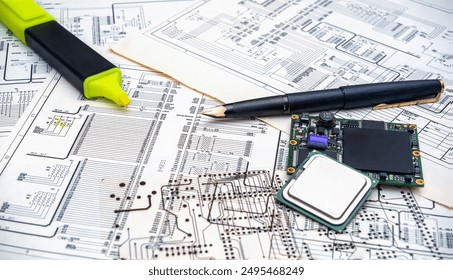 Electronic components and tools on an engineering blueprint for circuit board design.