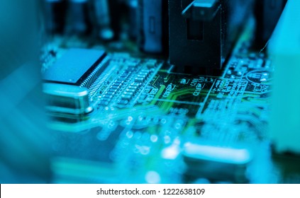 Electronic computer hardware technology. Circuit board. Motherboard digital chip. Tech science abstract background. Integrated communication processor. Blue color