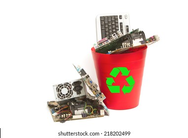 Electronic And Computer Parts Trash In Recycle Bin 