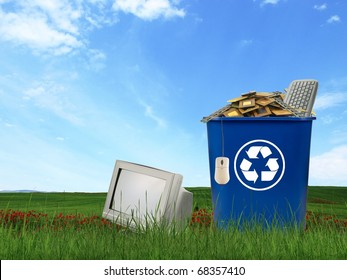 Electronic Computer Parts Trash In Recycle Bin