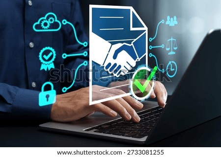 Electronic contract management and cloud-based digital signature solutions. Automated authentication workflow. Businessman using laptop computer to sign contract using digital certificate.
