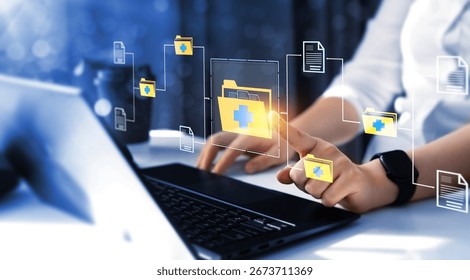 Electronic database and documents a patient's. Technology access information of history patient's, database, storage, Medical big data.