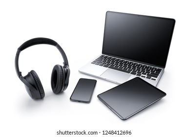 Electronic device - Laptop, tablet, smartphone and headphone isolated on white background - Powered by Shutterstock