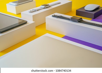 Electronic devices- computer, tablet, computer mouse, smartphone and smart watch . Technology mock up. Colorful background,
