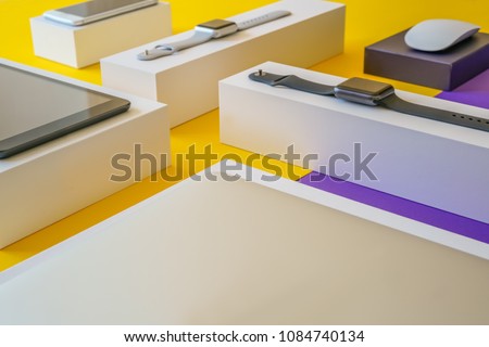 Electronic devices- computer, tablet, computer mouse, smartphone and smart watch . Technology mock up. Colorful background,