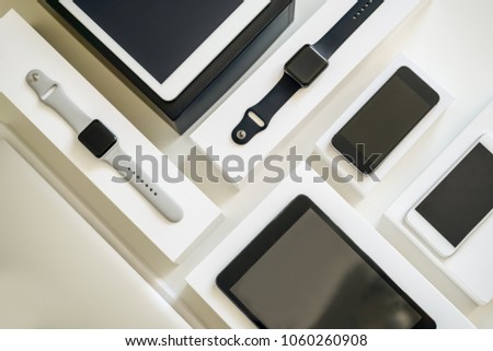 Electronic devices computer tablet smart phone and smart watch. Technology mock up