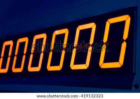 Electronic digital numbers show zero on blue wall background