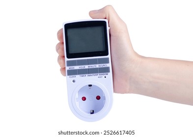 Electronic Digital Timer Switch Socket Kitchen Timer in hand on white background isolation