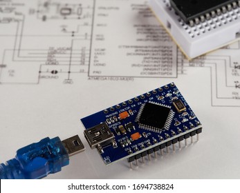 Electronic DIY project Arduino.Electronics and microprocessor.Drawing on a light background.Do it yourself.Programming and training.