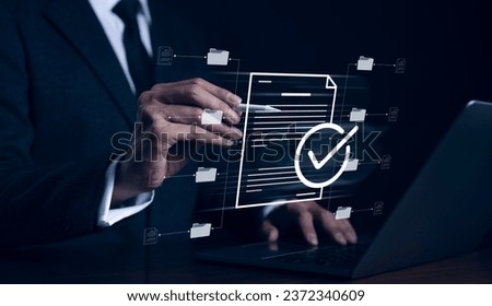 Electronic document management system concept. Businessman writing virtual online document. Online survey filling out, Digital form checklist by laptop computer, Process manage files, Technology DMS,