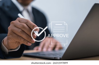 Electronic Document Management System and Evaluation Concept, Businessman using pen to check box to approve document, filling out online survey or checklist,Performance appraisals with virtual screen.