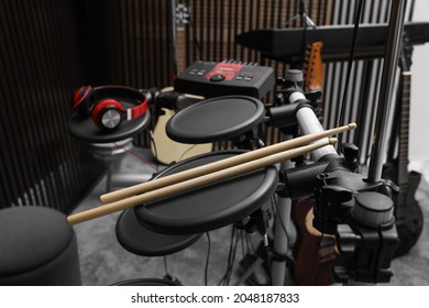 Electronic Drum Set At Recording Studio. Music Band Practice