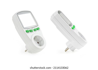 Electronic electricity consumption meter by different devices connected to outlet, expense analysis, wattmeter close-up, isolated on white background - Shutterstock ID 2114133062