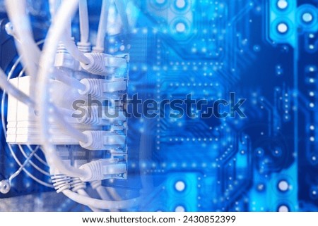 Electronic equipment. Microcircuit with wires. Network hardware. Blue chip for computer. Network card for automation equipment. Internet switch. Network technologies. PCB for telecommunication