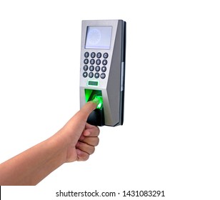 Electronic Finger Scan Or Fingerprint Matchine Isolated On White Background With Clipping Path