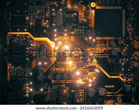 Electronic glowing complex circuit board technology background concept.