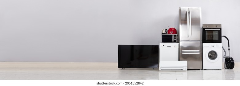 Electronic Household Appliance. Electric Kitchen Fridge And Television - Shutterstock ID 2051352842