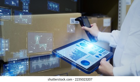 Electronic inventory management concept. logistics tech. RFID. Barcode reader. - Shutterstock ID 2235023207