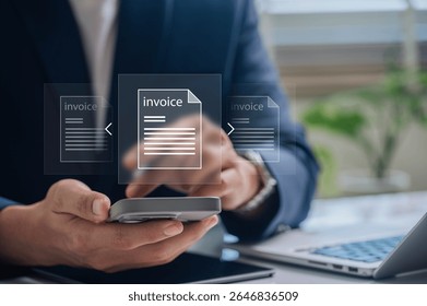 Electronic invoice and digital billing solution. businessman using smartphone to online payment, expense management, billing automation, financial processing, streamline business accounting workflow.