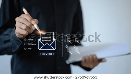 Electronic invoice and digital billing system concept with virtual document interface, representing paperless office, online invoicing, financial technology and automated business accounting.
