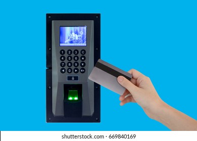 electronic key- card and finger scan access control system to lock and unlock doors isolated on blue background - Shutterstock ID 669840169