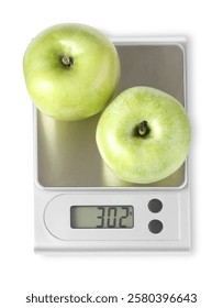Electronic kitchen scale with apples isolated on white, top view