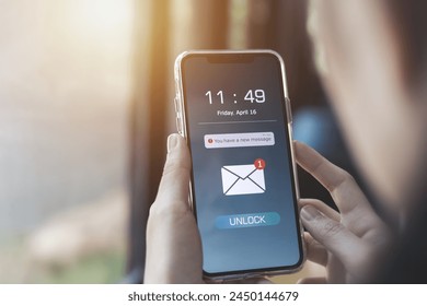 Electronic mail. Notification of new message inbox on mobile phone. concept of Marketing and business by emails, newsletters, and online internet coordination